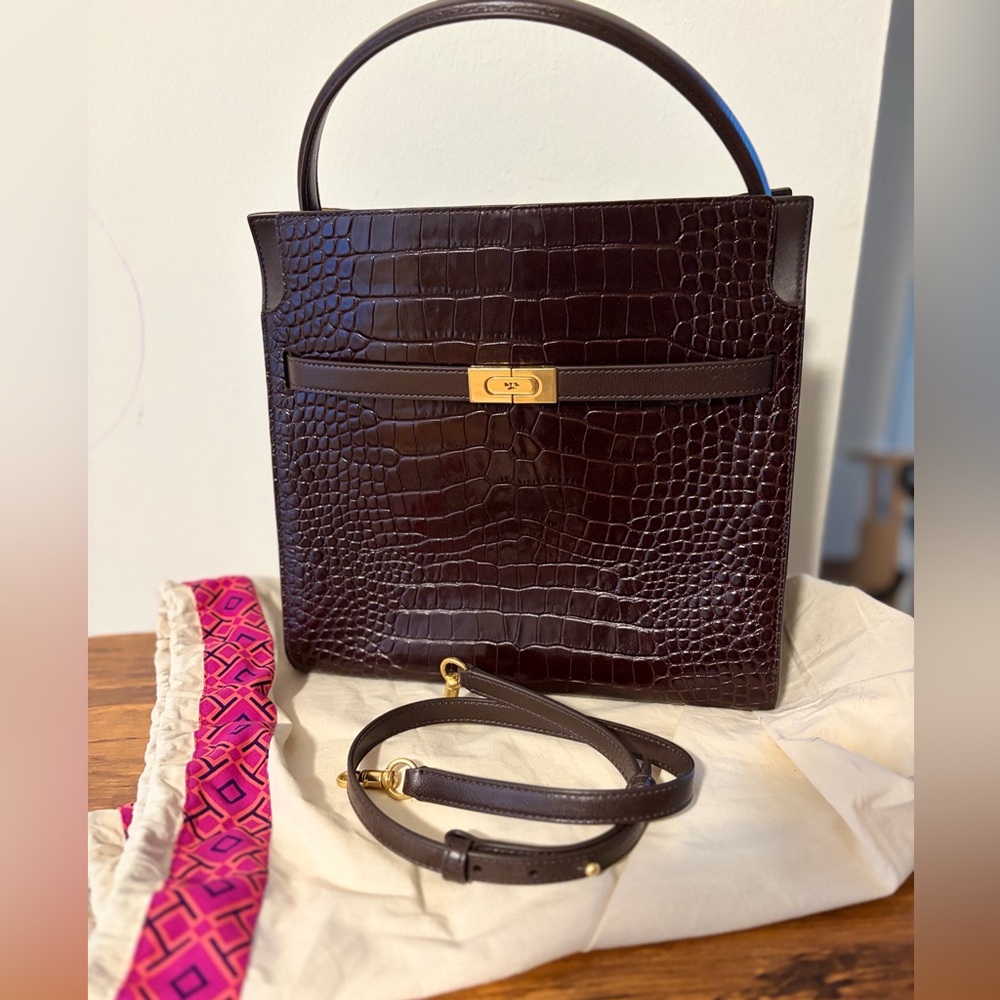 Tory Burch Lee Radziwill Brown Crocodile-Embossed Shoulder Bag